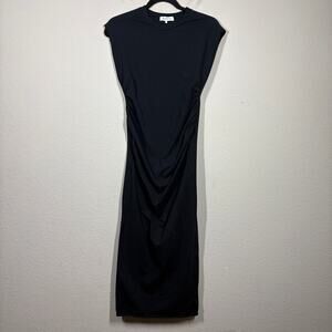 WeWoreWhat Size Small Midi Shift Dress Black Cotton Ruched Side Cap Sleeves